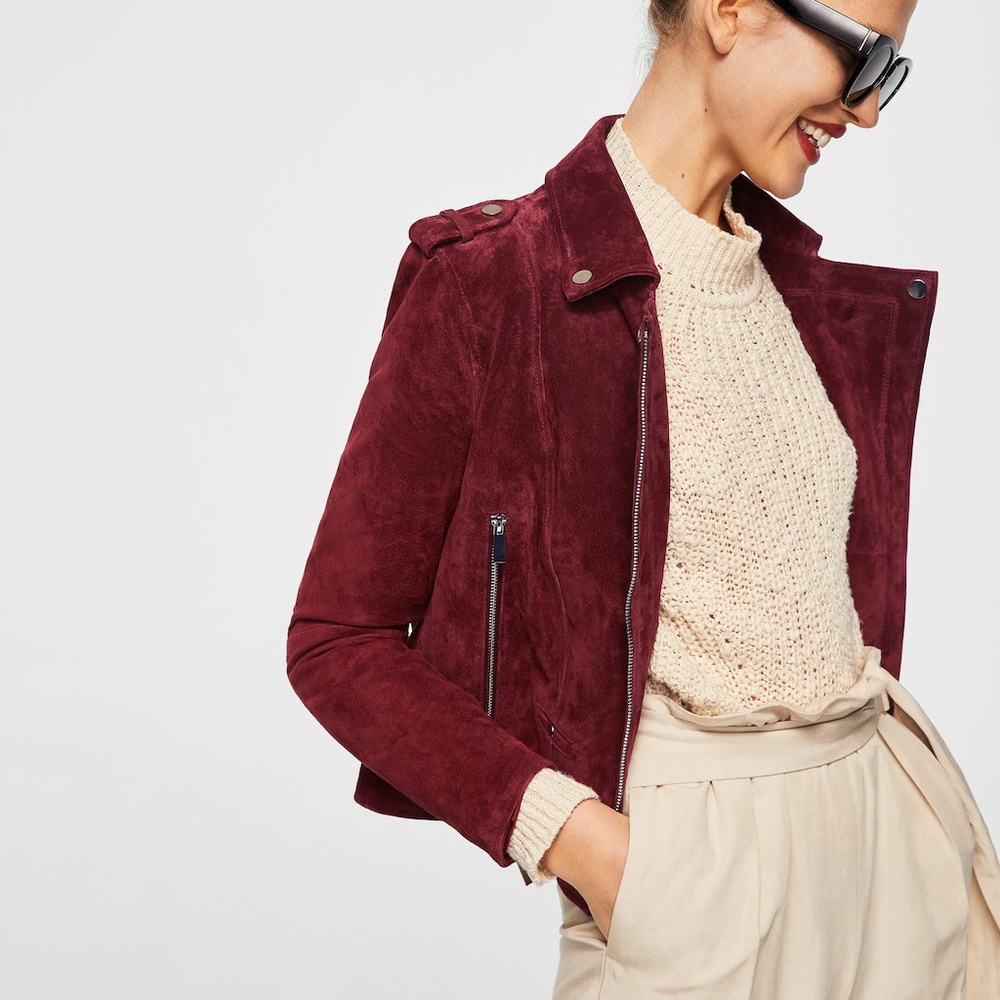 MANGO Burgundy Leather Suede Moto Jacket